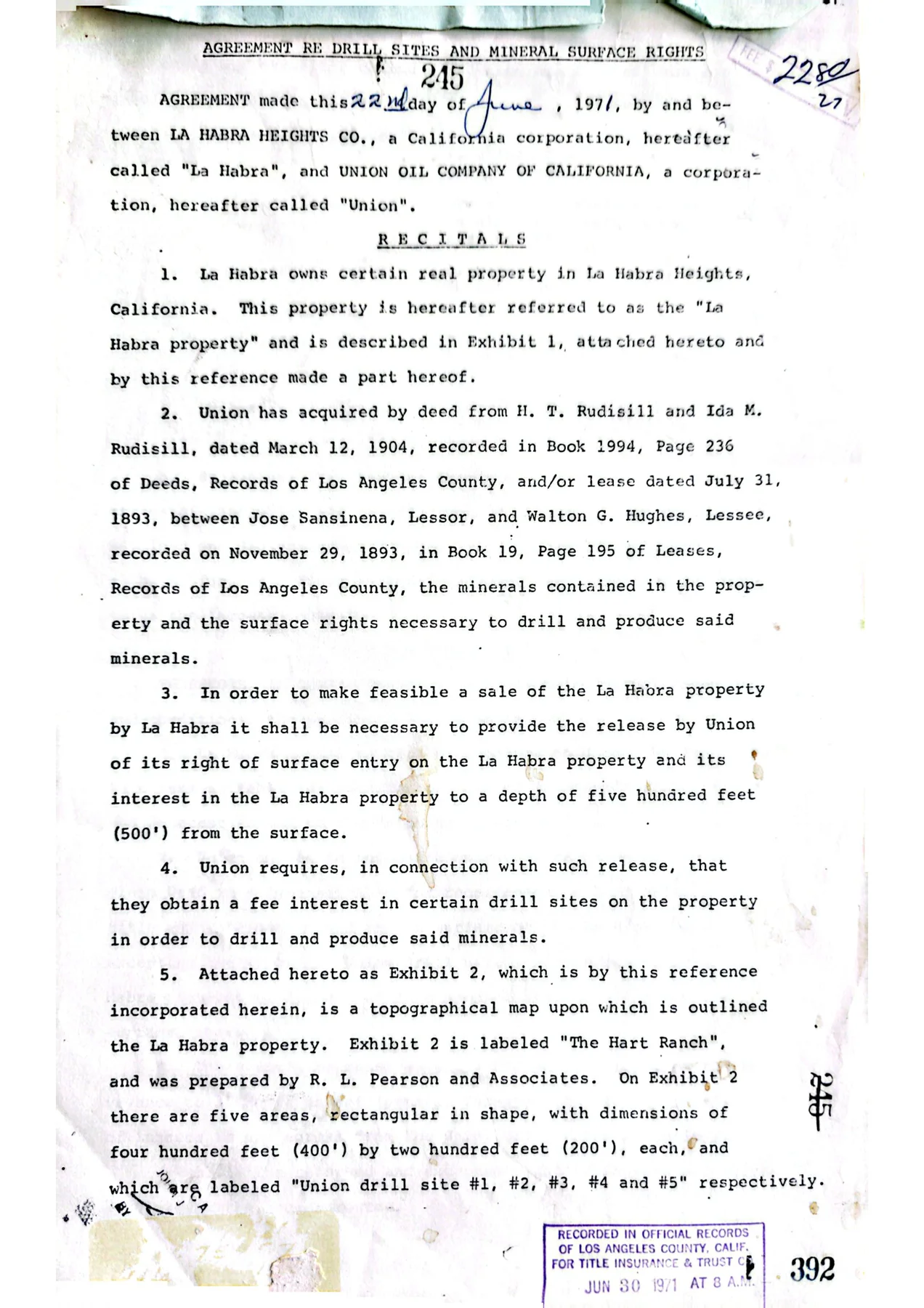 1971 Agreement Re Drill Sites and Surface Rights recorded in LA County OR Book M3800 Page 57