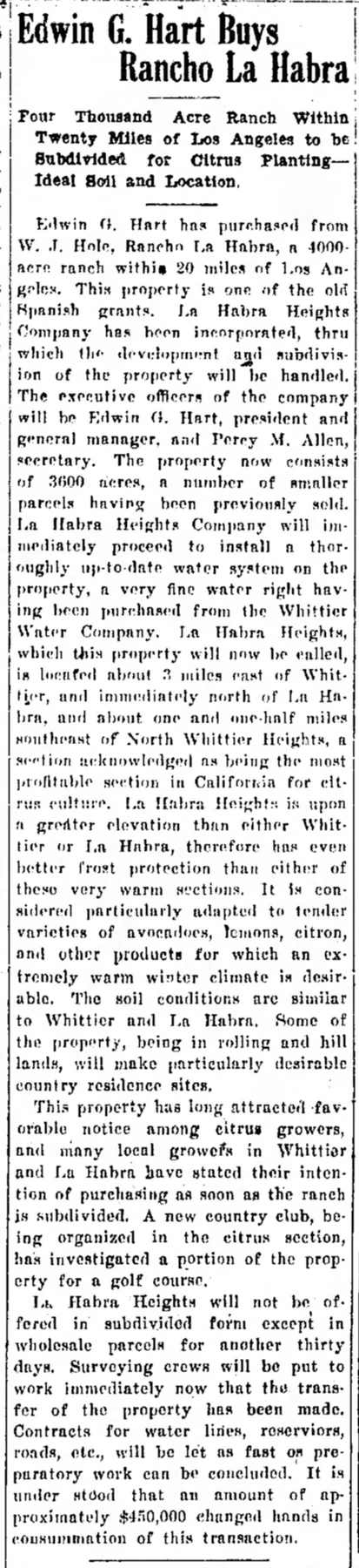 August 1 1919 Covina Argus newspaper article announcing Edwin G. Hart's purchase of Rancho La Habra and incorporation of La Habra Heights Company