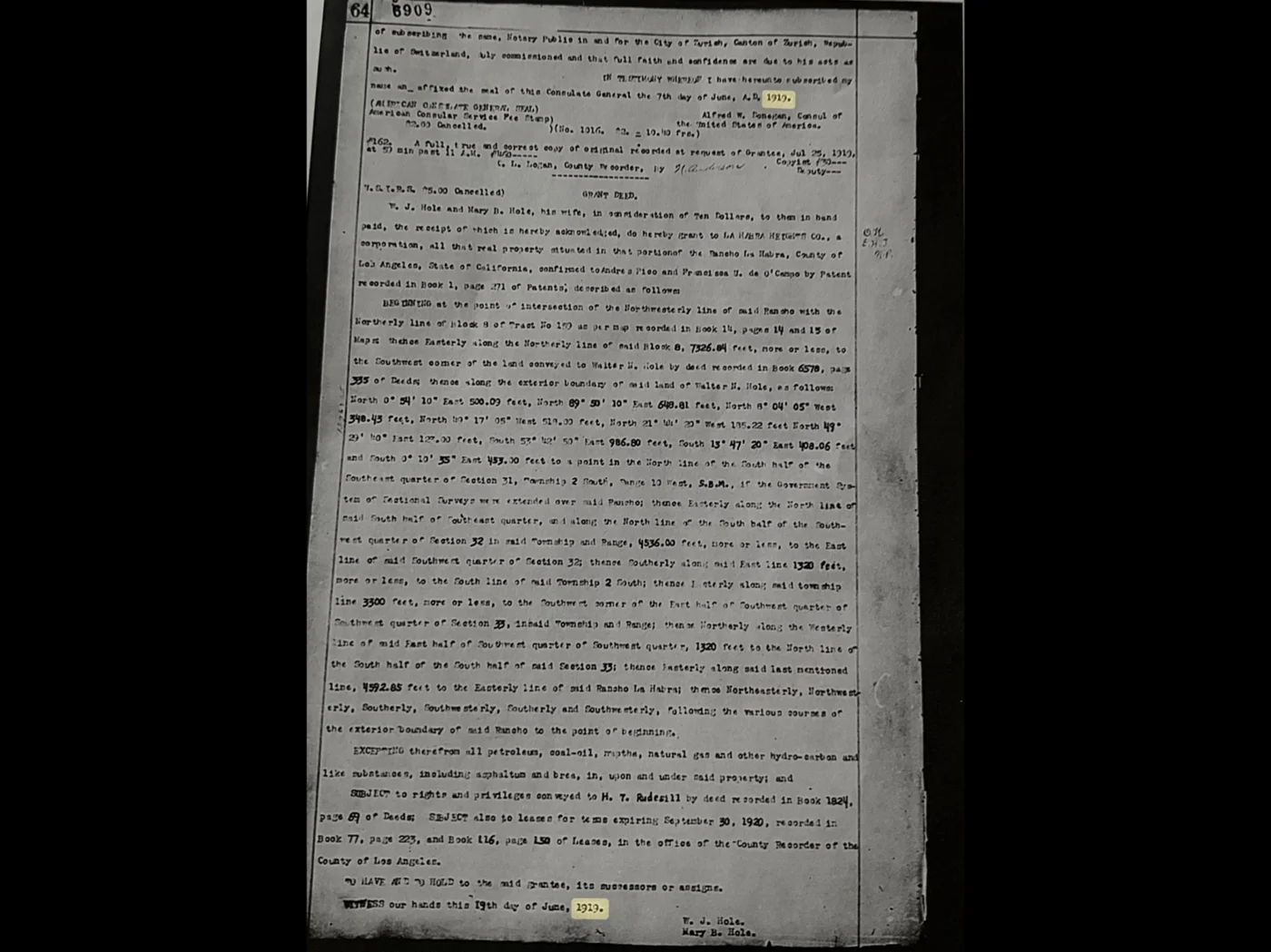 1919 root vesting deed from W.J. Hole to La Habra Heights Company recorded in Deeds Book 6909 Page 64