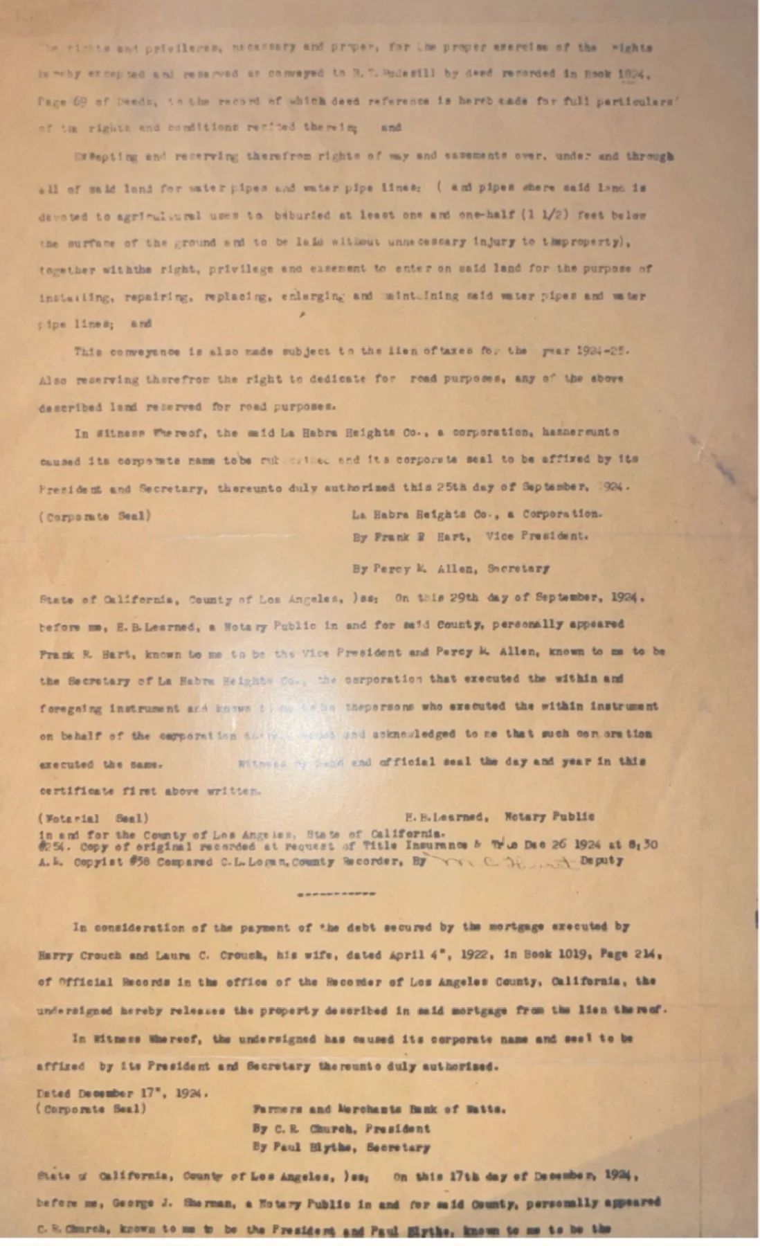 1924 La Habra Heights Company deed signed by Edwin G. Hart and Percy M. Allen reserving road and water pipeline easements