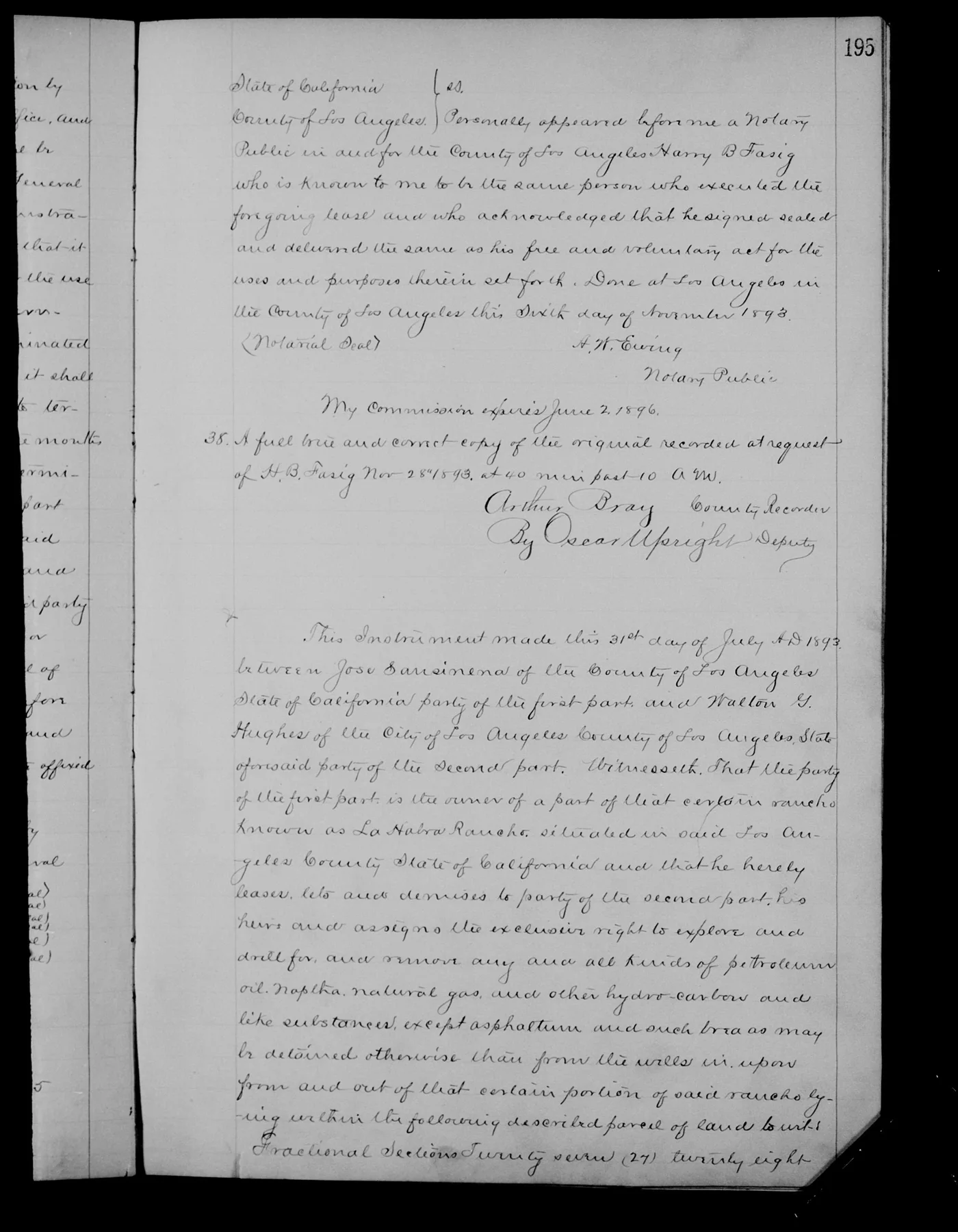 1893 Sansinena to Hughes Oil Lease recorded in Los Angeles County Leases Book 19 Page 195