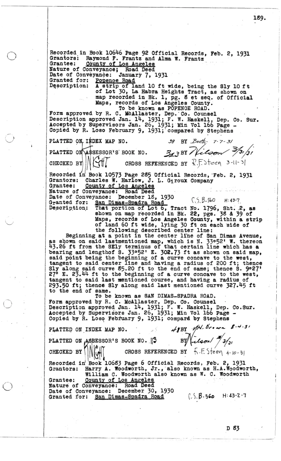 Handwritten 1931 Los Angeles County Surveyor abstract sheet for Popenoe Road dedication by La Habra Heights Co.