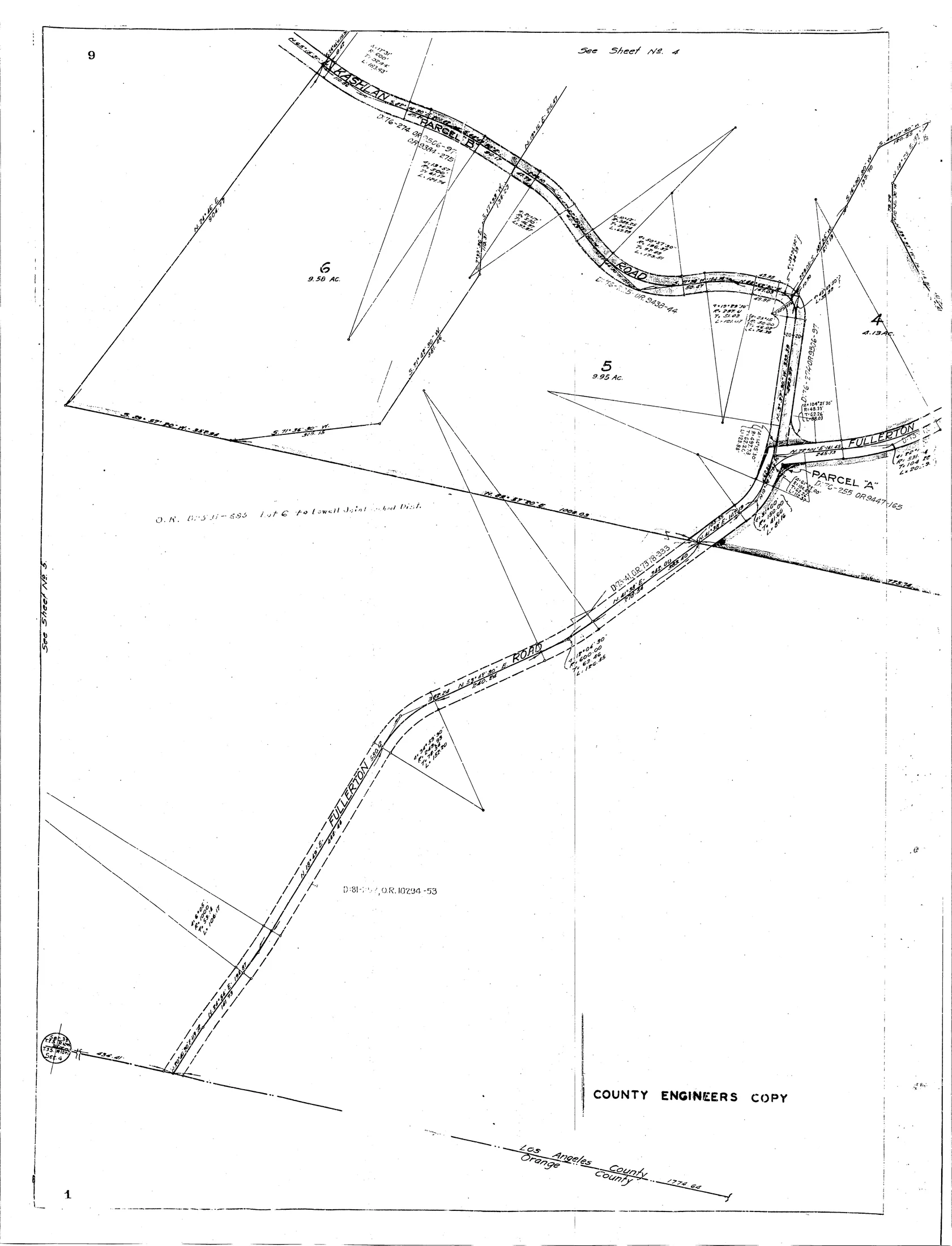 Official Map Book 1 Page 9 showing Kashlan Road, Fullerton Road, and Lots 4, 5, and 6 of La Habra Heights Tract