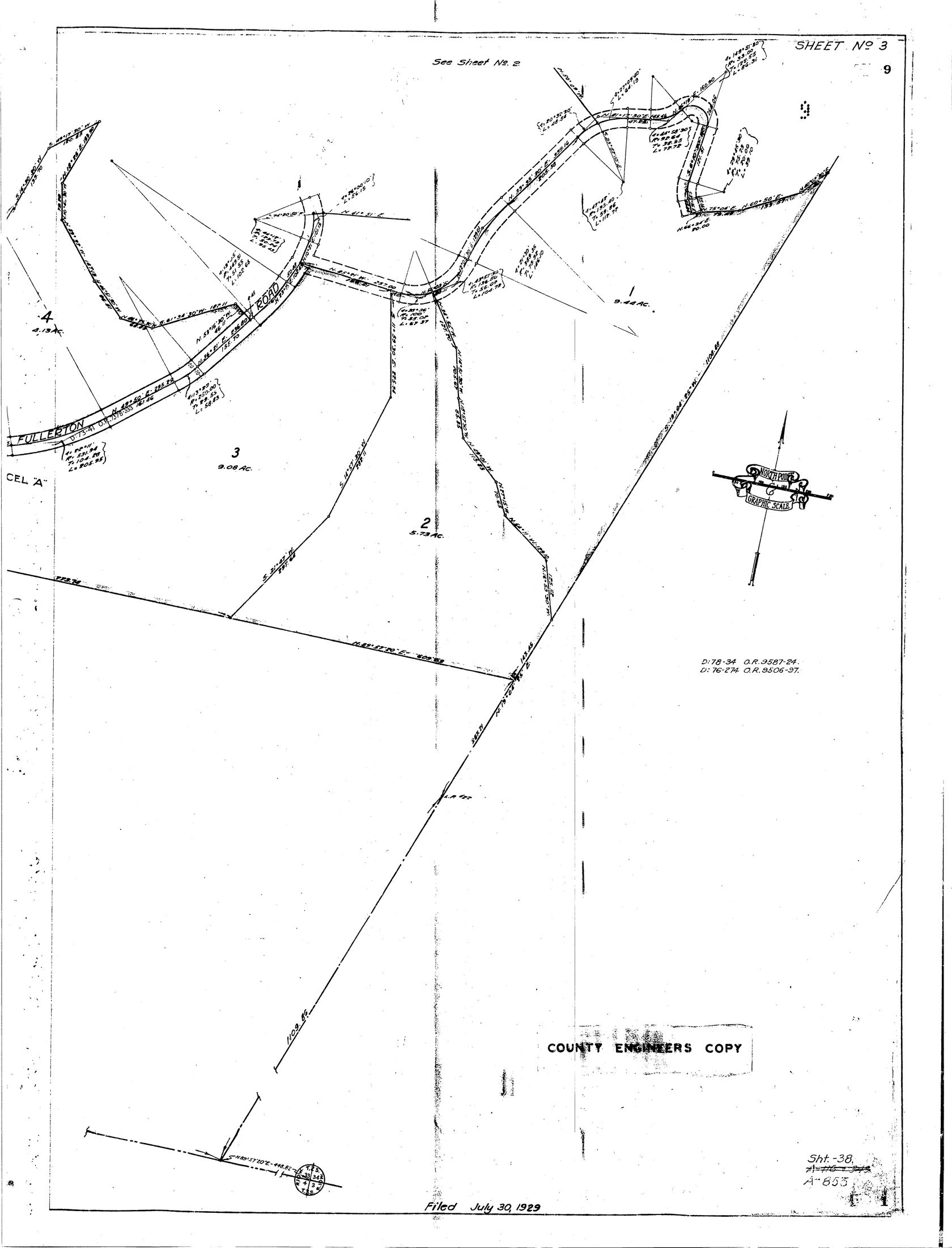 Official Map Book 1 Page 10 Sheet 3 showing Lots 1, 2, 3 and Fullerton Road curve geometry