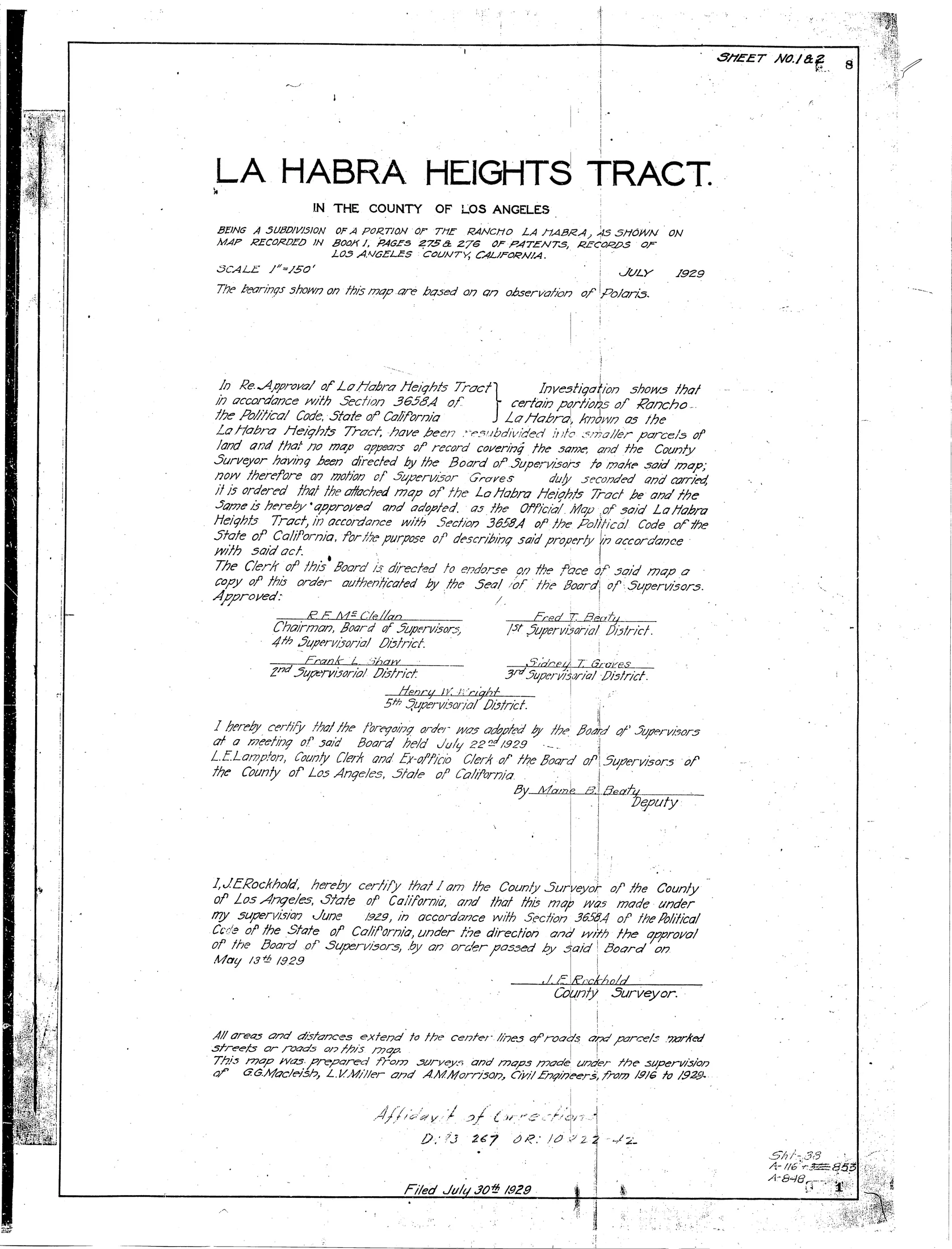 1929 Official Map of La Habra Heights Tract title and certification sheet, Official Map Book 1 Page 8