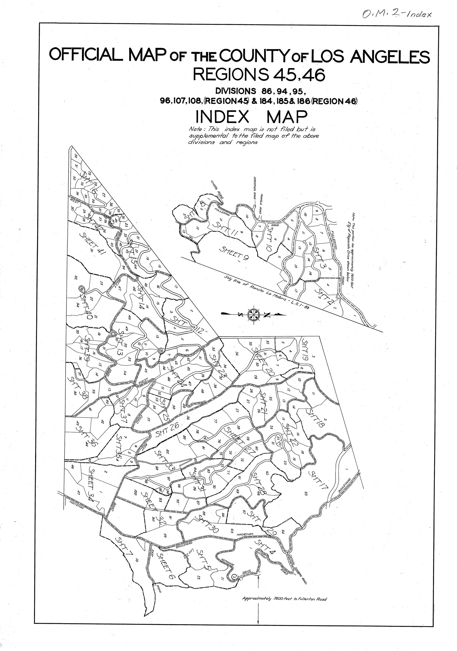 Recorded 1932 Official Map of the County of Los Angeles, Regions 45 and 46 Master Index Map showing La Habra Heights road network and sheet divisions