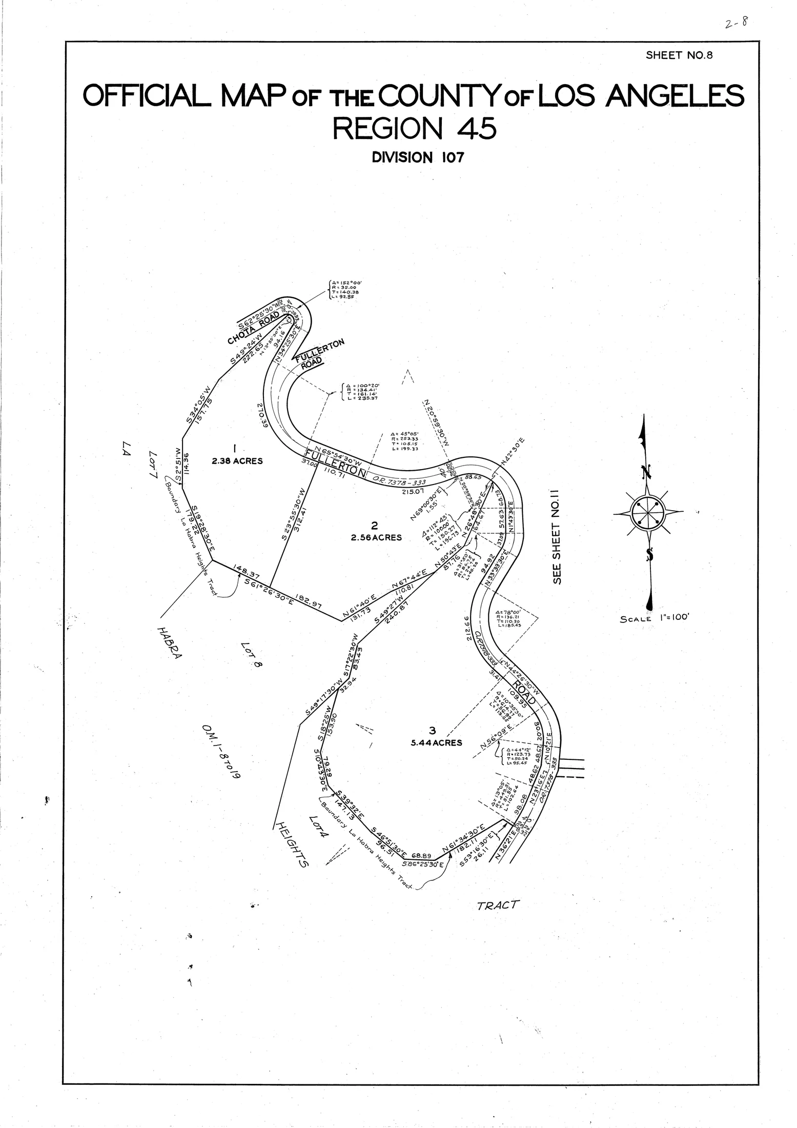 1932 Official Map Book 2 Page 8 showing Region 45 Division 107 along Fullerton Road and Chota Road